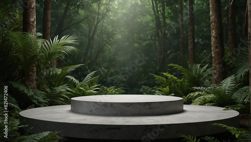 Podium background product green nature 3D forest stand white plant. Cosmetic background product podium display wood jungle studio garden beauty platform presentation mockup pedestal stone tropical