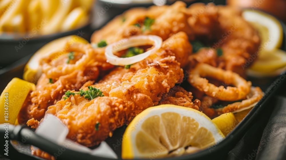 Deep-fried schnitzel with lemon slices and onion rings, served up close on a black tray. Deep-fried schnitzel with lemon slices and onion rings, served up close on a black tray.
