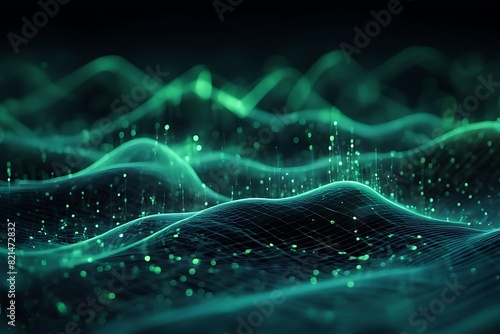 Dynamic 3D Wave Rendering with Green Dots: Futuristic Flow Technology for Abstract Sound and Data Visualization, Digital Illustration for Business, Music, and Science, Featuring Techno Grid Texture photo