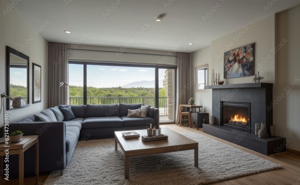 Modern professional photograph of a navy blue and silver luxury living room interior with floor-to-ceiling windows and a cozy fireplace Modern professional photograph of a navy blue and silver luxury living room interior with floor-to-ceiling windows and a cozy fireplace