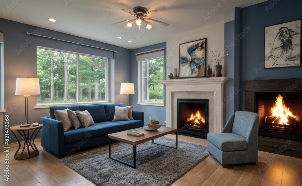 Modern professional photograph of a navy blue and silver luxury living room interior with floor-to-ceiling windows and a cozy fireplace Modern professional photograph of a navy blue and silver luxury living room interior with floor-to-ceiling windows and a cozy fireplace