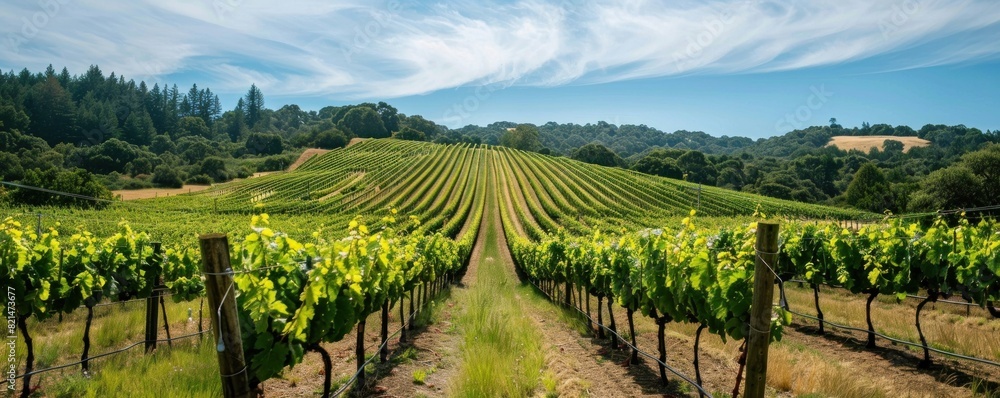 Naklejka premium A field of grape vines with a clear blue sky in the background. The sky is dotted with clouds, giving the scene a peaceful and serene atmosphere