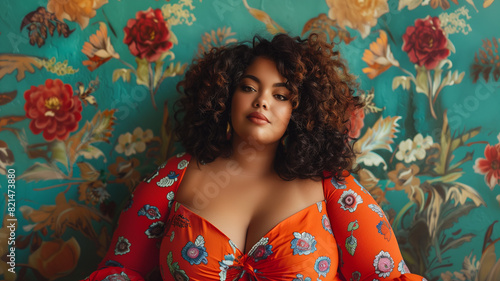 Confident plus size woman in floral dress against a vibrant floral background.