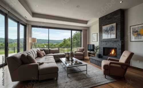 Modern professional photograph of a navy blue and silver luxury living room interior with floor-to-ceiling windows and a cozy fireplace © Rezhwan