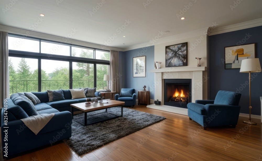 Modern professional photograph of a navy blue and silver luxury living room interior with floor-to-ceiling windows and a cozy fireplace Modern professional photograph of a navy blue and silver luxury living room interior with floor-to-ceiling windows and a cozy fireplace