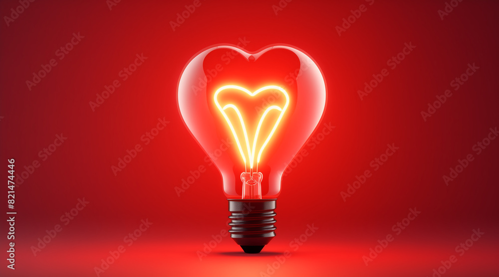 Light bulb with a heart shape glowing filament on a red background, Valentine day concept Light bulb with a heart shape glowing filament on a red background, Valentine day concept