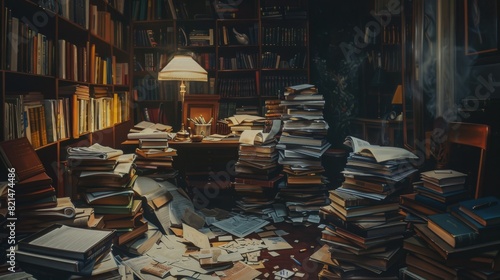 Vintage library room with a chaotic mess of books for dark and mysterious design