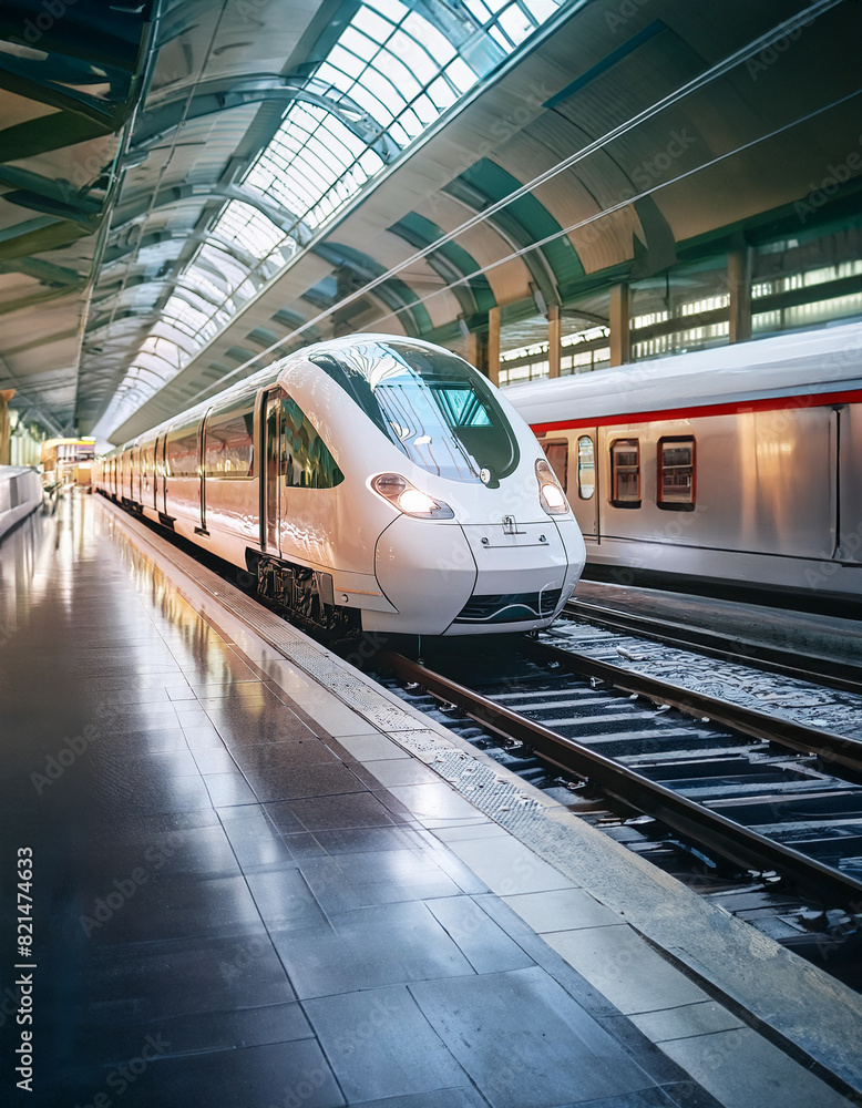 Fototapeta premium High-Speed TGV Train pulling into a modern station. Generative Ai.