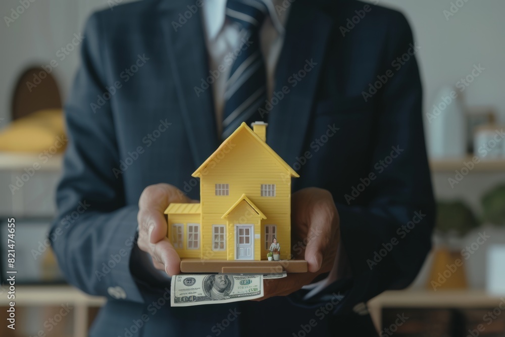 Photo of real estate agent in suit holding house model and money at desk, close up on hands Photo of real estate agent in suit holding house model and money at desk, close up on hands
