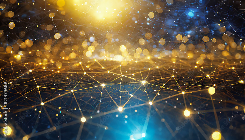 Blue abstract background with glowing golden lights on a network grid ...