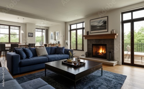 Modern professional photograph of a navy blue and silver luxury living room interior with floor-to-ceiling windows and a cozy fireplace