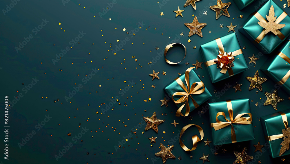 christmas green background with gift box and stars