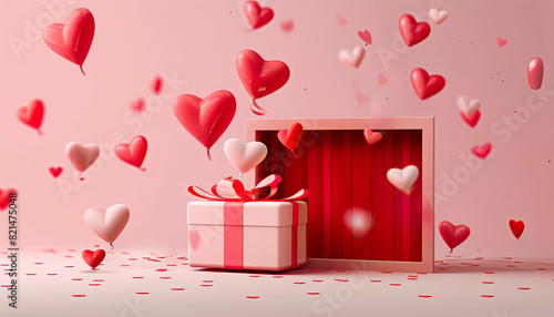 A valentines day website landing page with a gift box and hearts soft smooth lighting premium quality