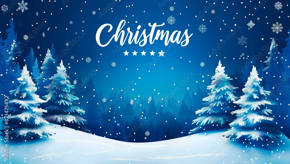 A blue Christmas background with trees and snow, text 