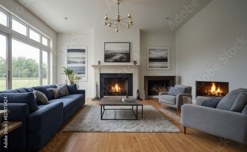 Modern professional photograph of a navy blue and silver luxury living room interior with floor-to-ceiling windows and a cozy fireplace