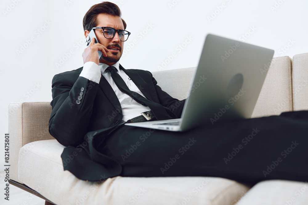 Man laptop phone businessman talk office Man laptop phone businessman talk office