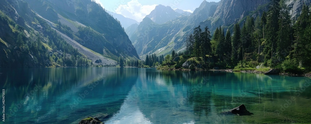 A beautiful lake surrounded by mountains. The water is calm and clear, reflecting the mountains in the distance. The scene is peaceful and serene, making it a perfect place to relax and enjoy nature