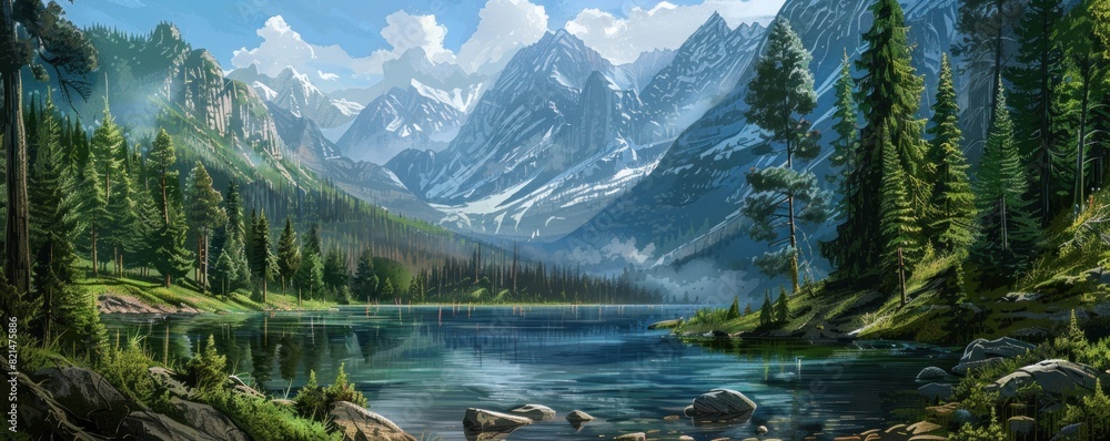 A beautiful lake surrounded by mountains. The water is calm and clear, reflecting the mountains in the distance. The scene is peaceful and serene, making it a perfect place to relax and enjoy nature