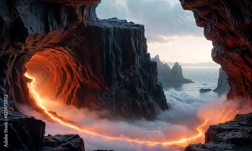 massive cave with a river of molten lava flowing through it. The sky is cloudy and the sun is setting.