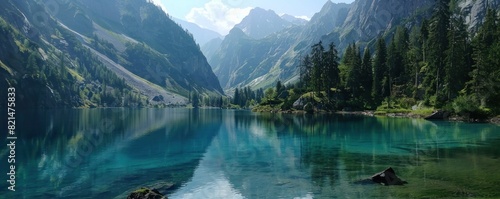Obraz na płótnie A beautiful lake surrounded by mountains. The water is calm and clear, reflecting the mountains in the distance. The scene is peaceful and serene, making it a perfect place to relax and enjoy nature w salonie