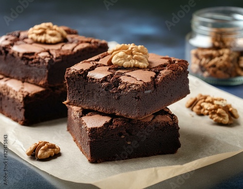 decadent dark chocolate brownies with walnuts on parchment paper food photography
