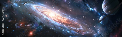 Space background with spiral galaxy, planet, and stars