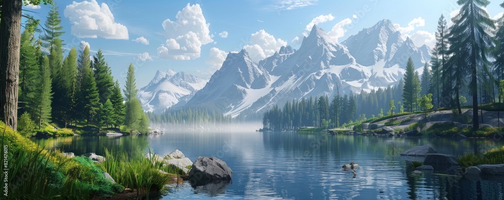 Naklejka premium A beautiful lake surrounded by mountains. The water is calm and clear, reflecting the mountains in the distance. The scene is peaceful and serene, making it a perfect place to relax and enjoy nature