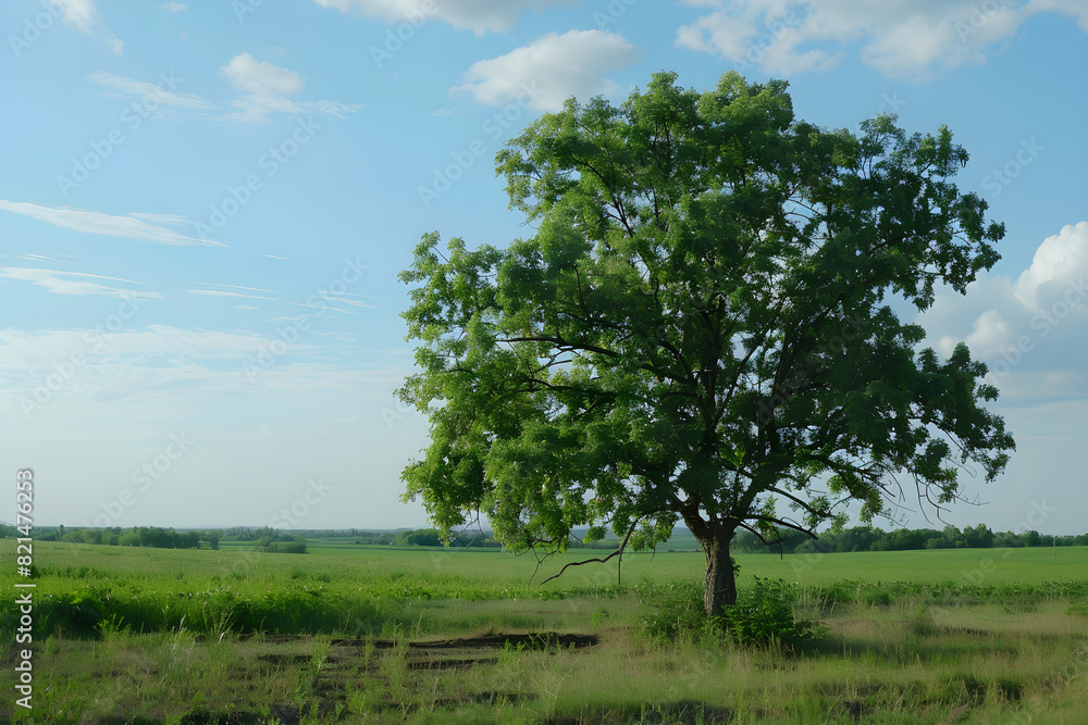 A solitary green oak tree standing alone in a field, emanating a peaceful and tranquil atmosphere. Suitable for nature, landscape, and outdoor-related themes. A solitary green oak tree standing alone in a field, emanating a peaceful and tranquil atmosphere. Suitable for nature, landscape, and outdoor-related themes.