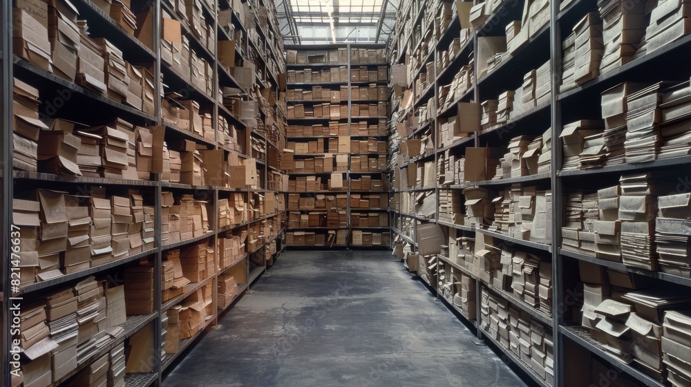 Warehouse aisle with shelves full of boxes Warehouse aisle with shelves full of boxes