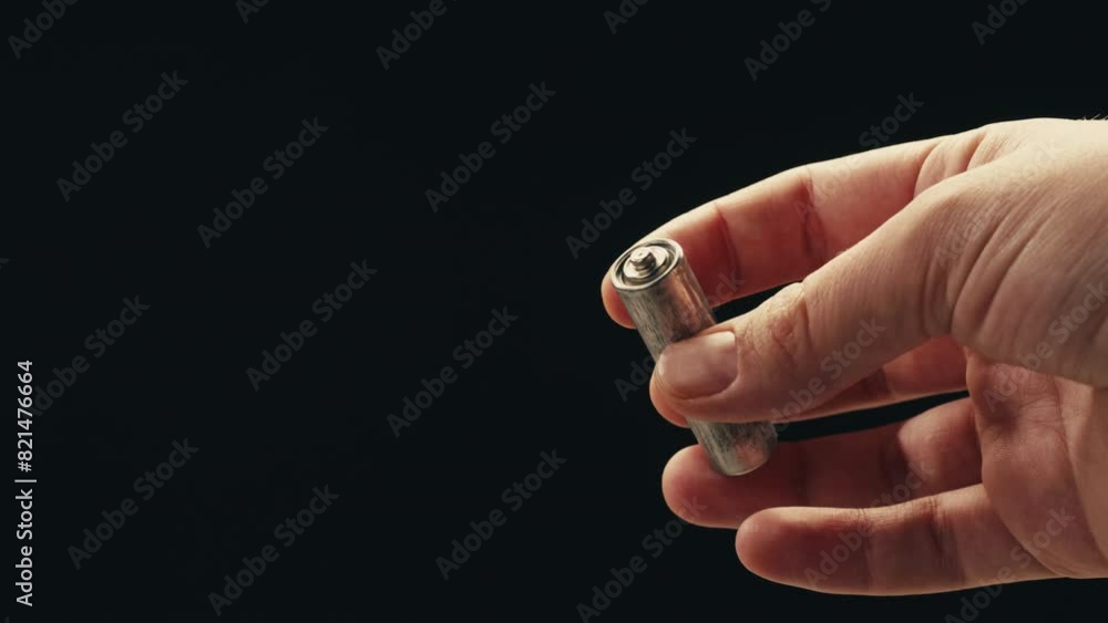 Silver batteries AA and AAA in hands on black background close-up. Double-A battery is a standard size single cell cylindrical dry battery. Batteries are common in portable electronic devices. An AA Silver batteries AA and AAA in hands on black background close-up. Double-A battery is a standard size single cell cylindrical dry battery. Batteries are common in portable electronic devices. An AA