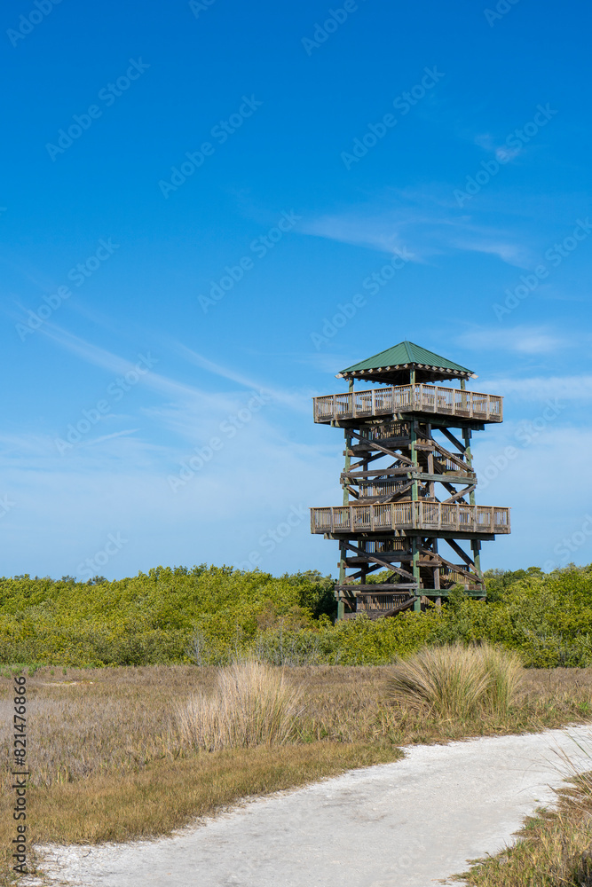 A wooden observation tower at Robinson Preserve in Bradenton, FL, offers expansive views of the 682-acre coastal wetland habitat. A wooden observation tower at Robinson Preserve in Bradenton, FL, offers expansive views of the 682-acre coastal wetland habitat.