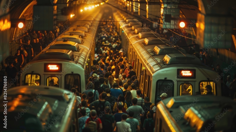 A crowded subway station with people waiting for the train. Scene is busy and bustling A crowded subway station with people waiting for the train. Scene is busy and bustling