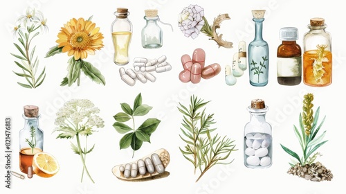 Watercolor botanical illustration of herbs and medicine for alternative healthcare design