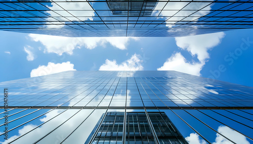 Modern glass skyscrapers reflect the blue sky and white clouds, creating a symmetrical perspective when looking straight up photo