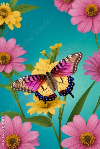 Hermosa mariposa de colores vibrantes entre flores 