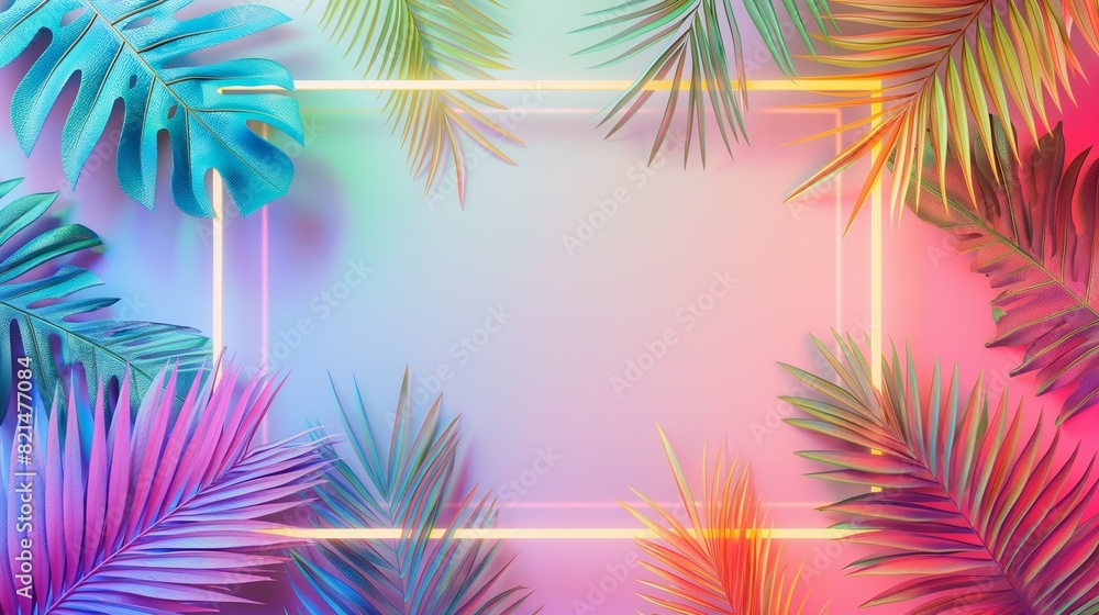 Vivid and colorful tropical palm leaves surrounding a colorful frame against pink background.	