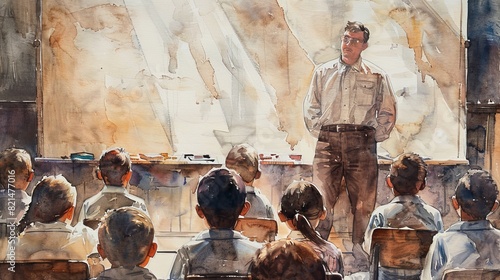 Watercolor illustration of a teacher teaching a class of students