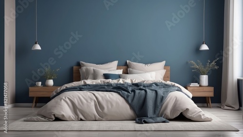 cozy home bedroom interior with unmade bed  beige plaid and cushions on empty Stormy Blue