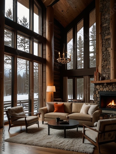 A double-height ceiling living room with a large  floor-to-ceiling window on one side log cabin
