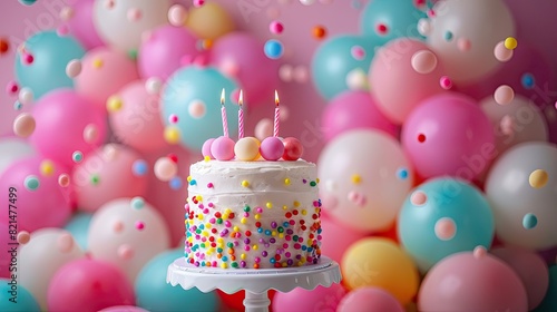 A birthday cake with three candles on top of it is surrounded by a colorful balloon wall. The balloons are scattered all over the background, creating a festive and celebratory atmosphere