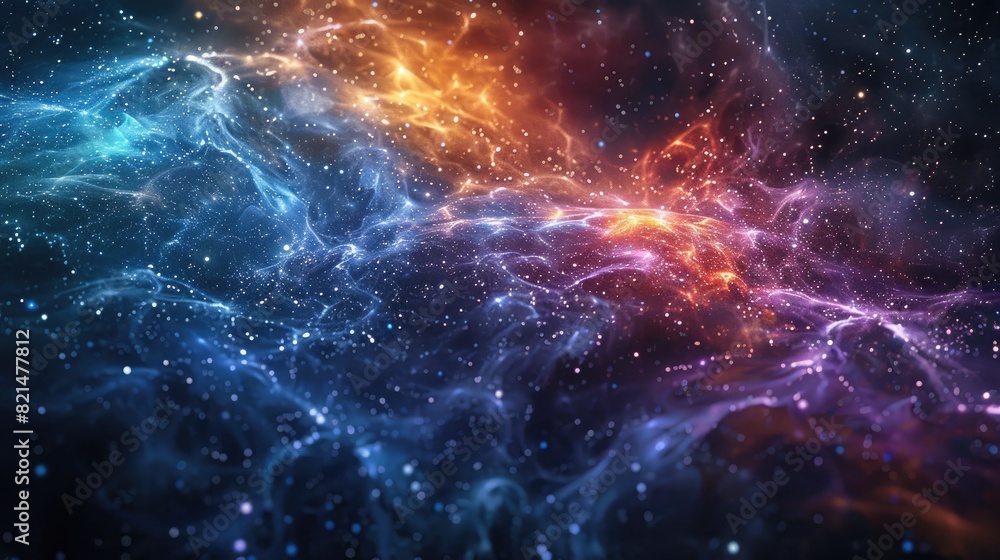 Obraz premium A colorful galaxy with blue, orange, and red swirls. The colors are vibrant and the stars are scattered throughout the scene