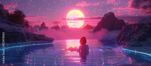 Tranquil Retreat An Elderly Lady Finds Peace in a NeonLit Pool Under the Starry Night Sky with Futuristic Vibes