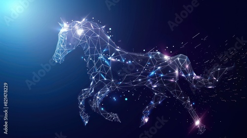 Glossy white mesh horse with sparkle effect. Abstract illuminated model of horse. Shiny wire carcass polygonal mesh horse icon.