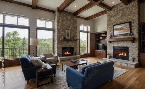 Modern professional photograph of a navy blue and silver luxury living room interior with floor-to-ceiling windows and a cozy fireplace