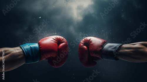 Closeup two man hands in red and blue boxing gloves hitting each other on isolated dark misty background © Enrique
