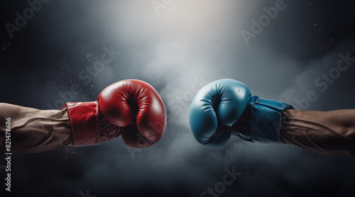 Closeup two man hands in red and blue boxing gloves hitting each other on isolated dark misty background © Enrique