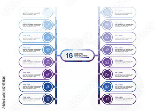 Infographic process design with icons and 16 options or steps.
