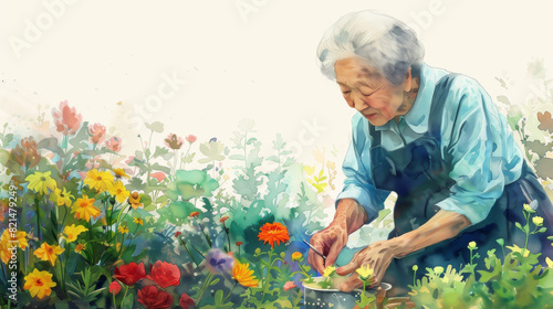Watercolor of An old woman is watering flowers in a garden photo