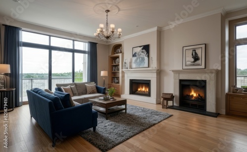 Modern professional photograph of a navy blue and silver luxury living room interior with floor-to-ceiling windows and a cozy fireplace