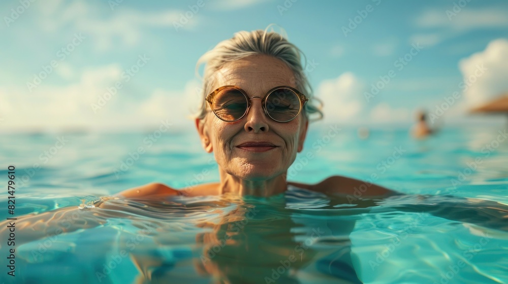 Elderly Woman Radiating Joy in a Mediterranean Coastal Pool on a Sunny Summer Day